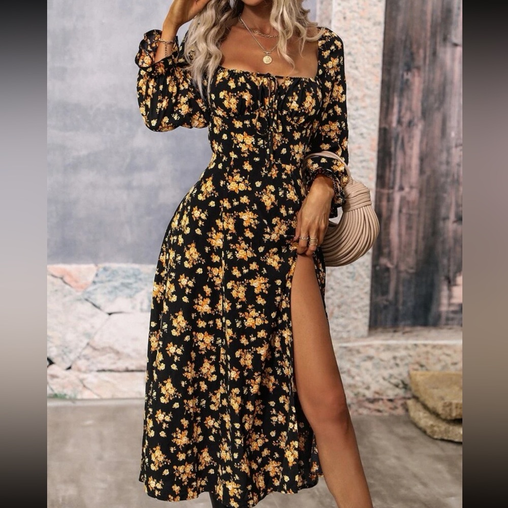 Boho floral print flounce sleeve split thigh maxi dress - Picture 4 of 8